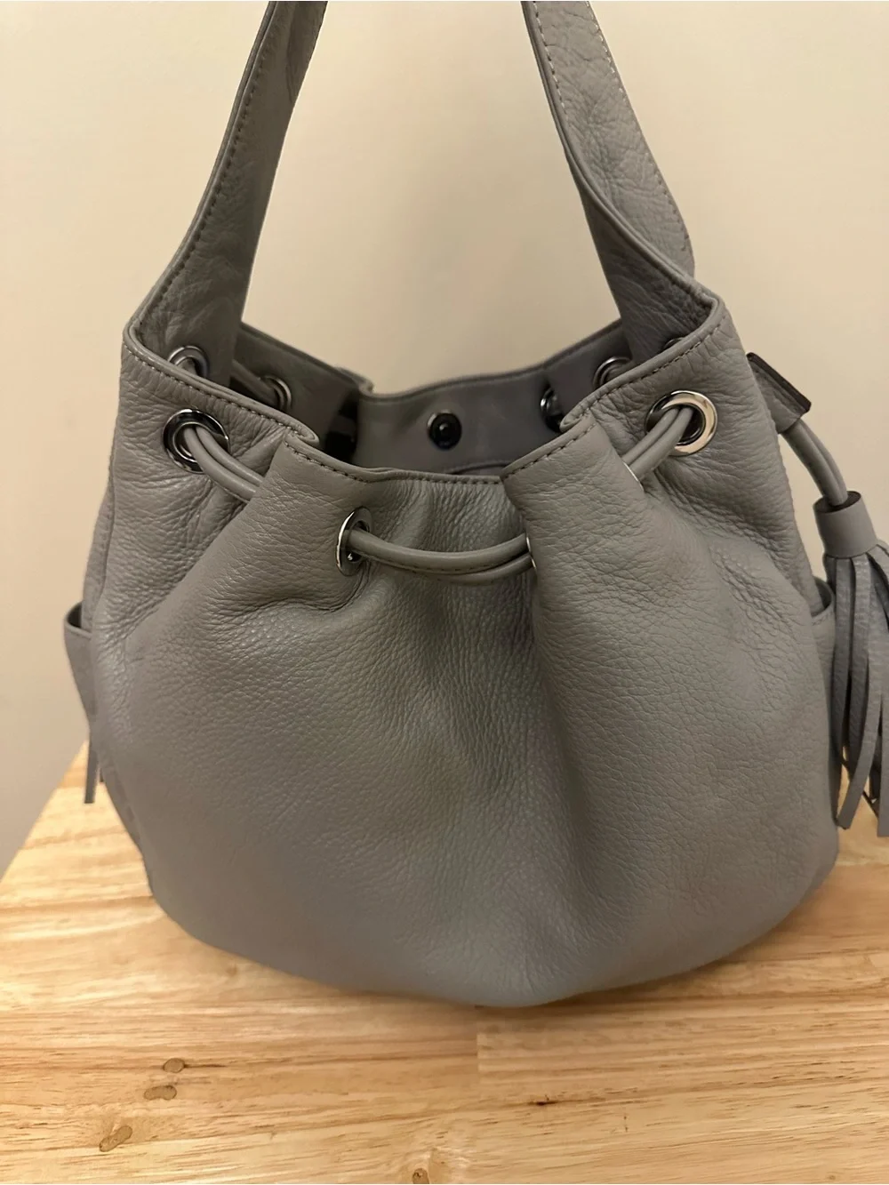 Michael Kors Gray Pebbled Leather Drawstring Hobo with Tassel